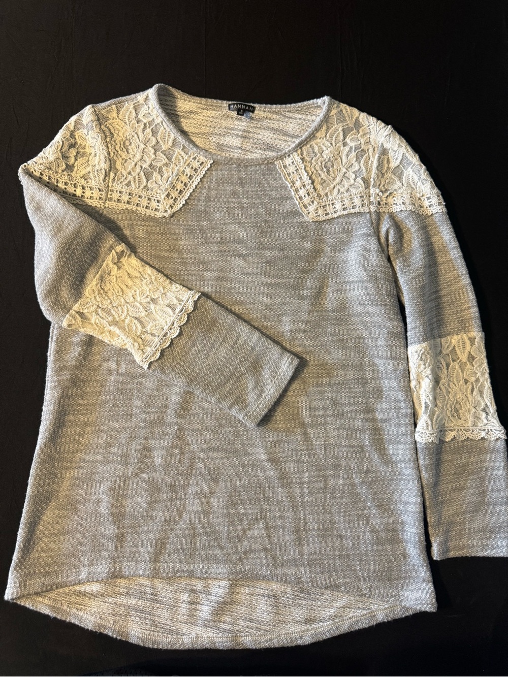 Hannah Light Gray Sweater with Cream Lace Trim